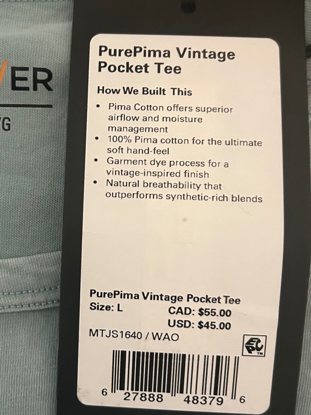 DUER Men's PurePima Vintage Pocket Tee Washed Oceanic Size L NWT - Picture 6 of 7